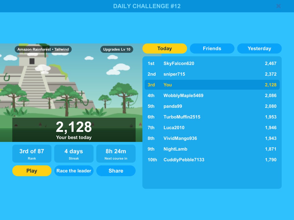 The Daily Challenge board with today's best players